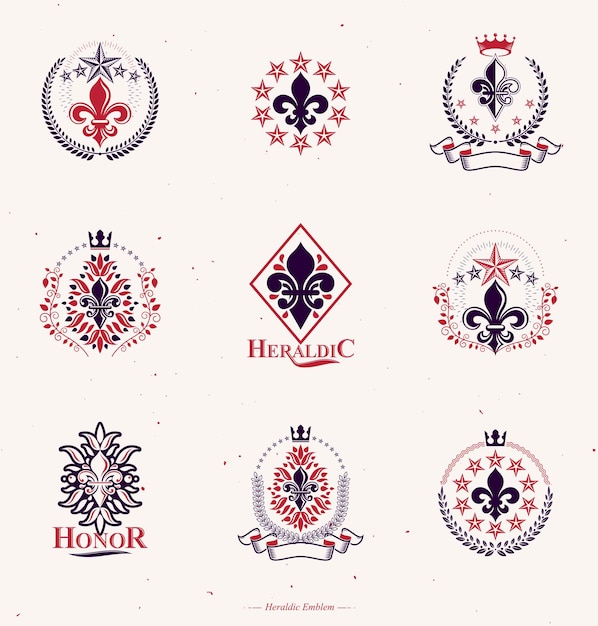 Símbolos reales Conjunto de emblemas de flores de lirio. Colección de elementos de diseño vectorial heráldico. Etiqueta de estilo retro, logotipo heráldico.
