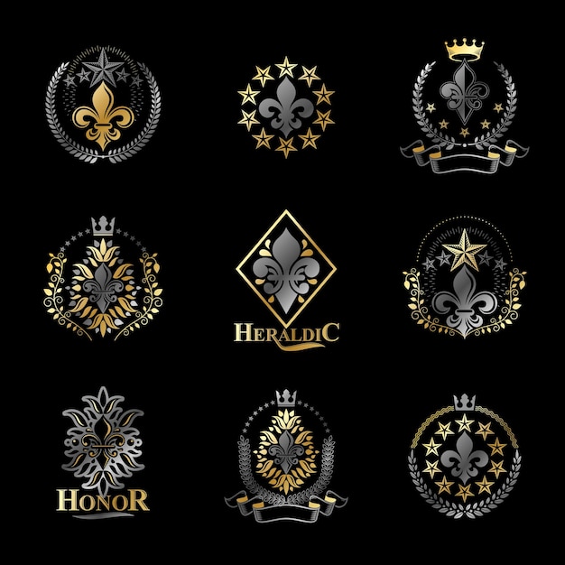 Símbolos reales Conjunto de emblemas de flores de lirio. Colección de elementos de diseño vectorial heráldico. Etiqueta de estilo retro, logotipo heráldico.