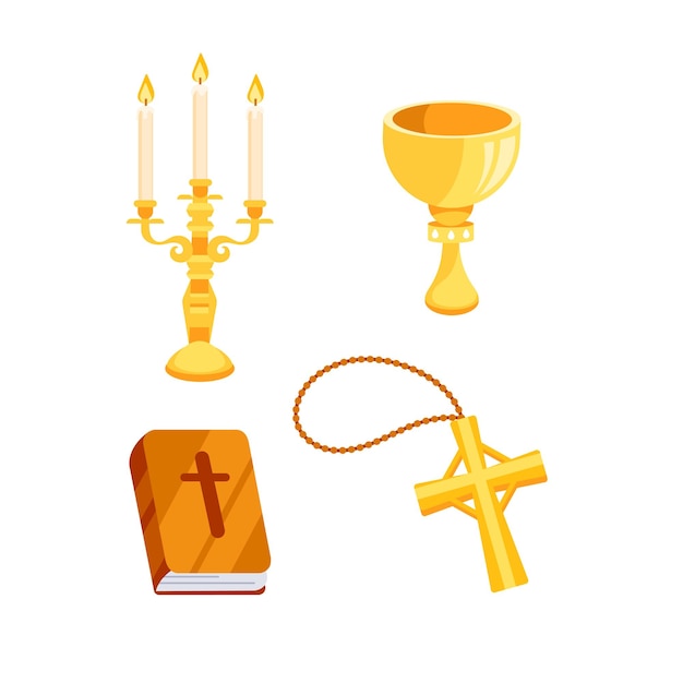 Símbolos religiosos cristianos dorados con candelabro y cáliz de la Biblia cruzada