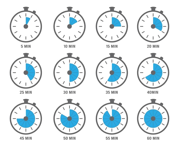 Símbolos de reloj. cronómetros, minutos y horas, objetos de gráficos circulares. reloj con ilustración de segundos y minutos