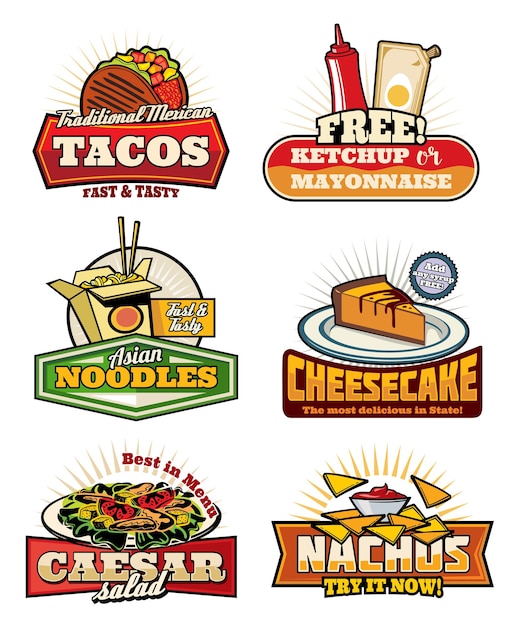 Símbolos retro de comida rápida con bocadillos y postres