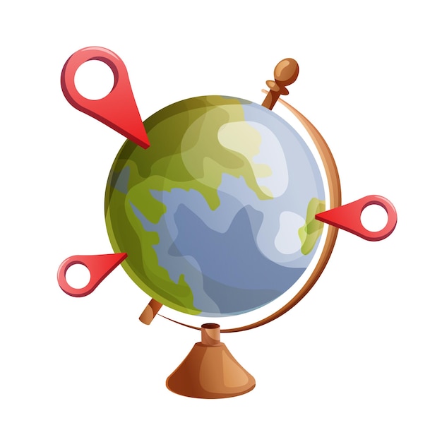 Símbolos rojos geolocalización con un puntero de mapa de ubicación del globo Mapa del globo mundial mapa de etiqueta geográfica Vector EPS 10