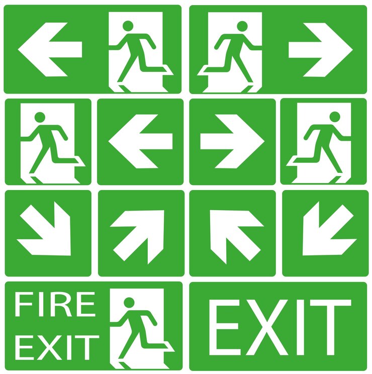 Vector símbolos de señales de evacuación de emergencia salida señales que indican la dirección de evacuación en caso de incendio