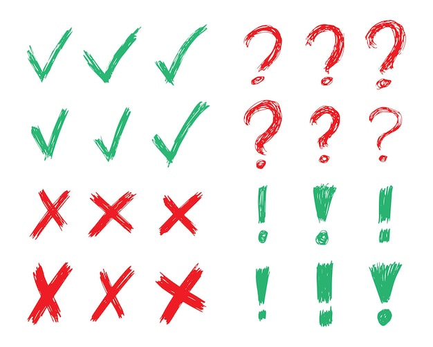 Símbolos de signo de interrogación y signo de exclamación cruzados dibujados a mano Conjunto de veinticuatro símbolos de boceto verdes y rojos Ilustración vectorial