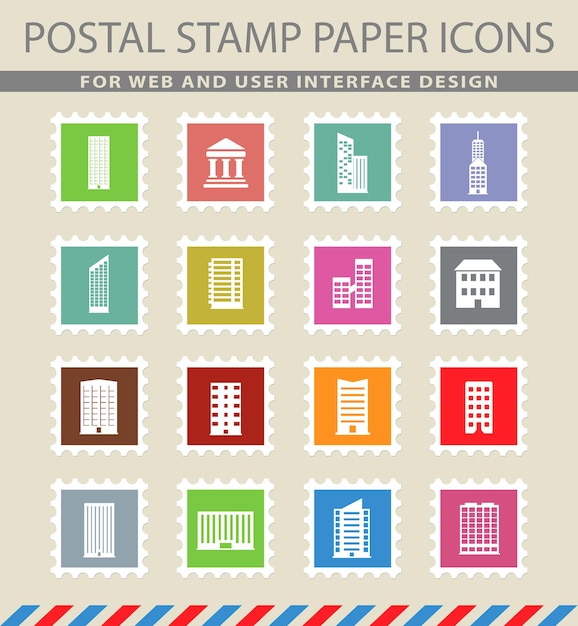 Símbolos de silueta de edificios en los iconos de papel de correo