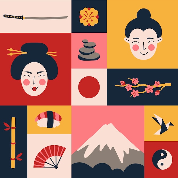 Vector símbolos de suerte japoneses tradicionales lindas máscaras de geisha espada samurai rama de sakura y elementos de cultura de dibujos animados pico fujiyama vector cardsjpg