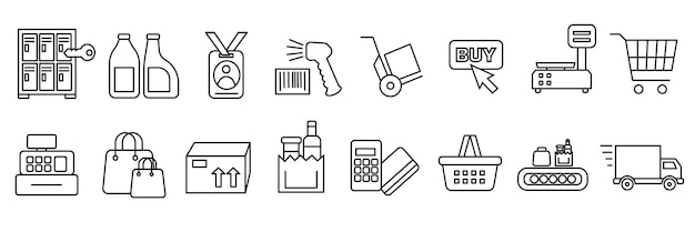 Símbolos de supermercados Iconos de tiendas y supermercadas Iconos del mercado de líneas delgadas