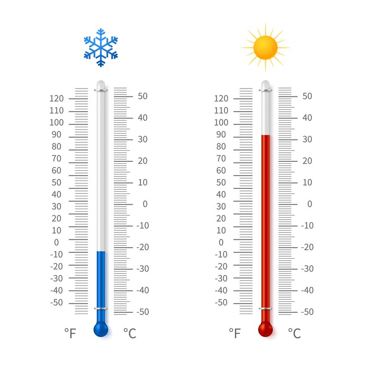 Vector símbolos de temperatura en climas fríos y calientes. termómetros de meteorología con escala celsius y fahrenheit escala ilustración vectorial