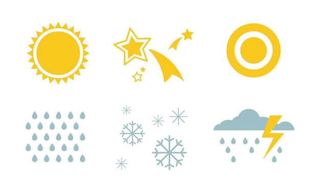 Símbolos del tiempo y la naturaleza establecen sol estrella nieve lluvia tormenta nube vector ilustración aislada sobre fondo blanco