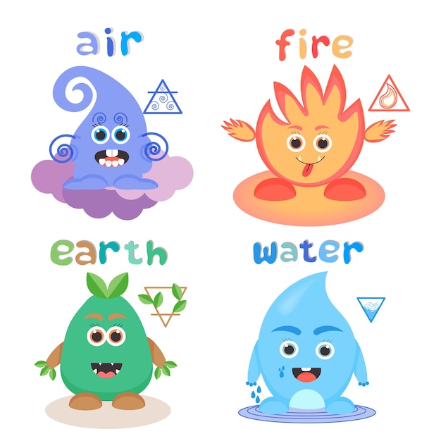 Vector símbolos de tierra, agua, aire, fuego. los personajes son monstruos. ilustración vectorial