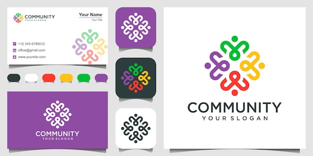 Símbolos de trabajo en equipo y diseño de logotipos comunitarios.