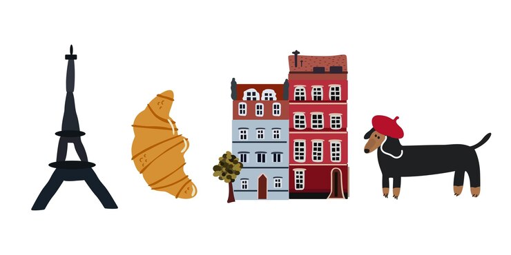Vector símbolos tradicionales de la comida de parís barcelona sicilia ciudades europeas pegatinas retro de dibujos animados