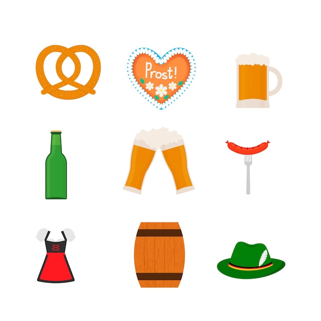 Símbolos tradicionales de oktoberfest pan de jengibre en forma de corazón taza de pretzel vasos botella salchicha dirndl barril sombrero alpino fiesta tradicional de la cerveza bávara conjunto de iconos vectoriales planos