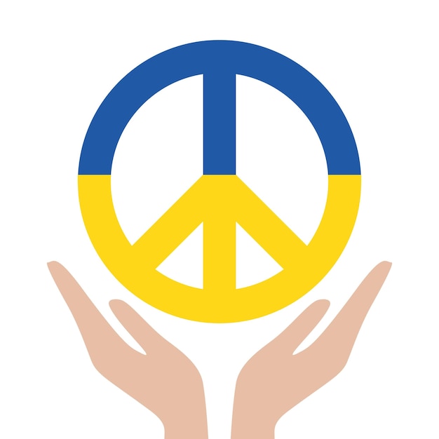 Símbolos de ucrania del mundo símbolo de paz con los colores de la bandera ucraniana en manos de un hombre