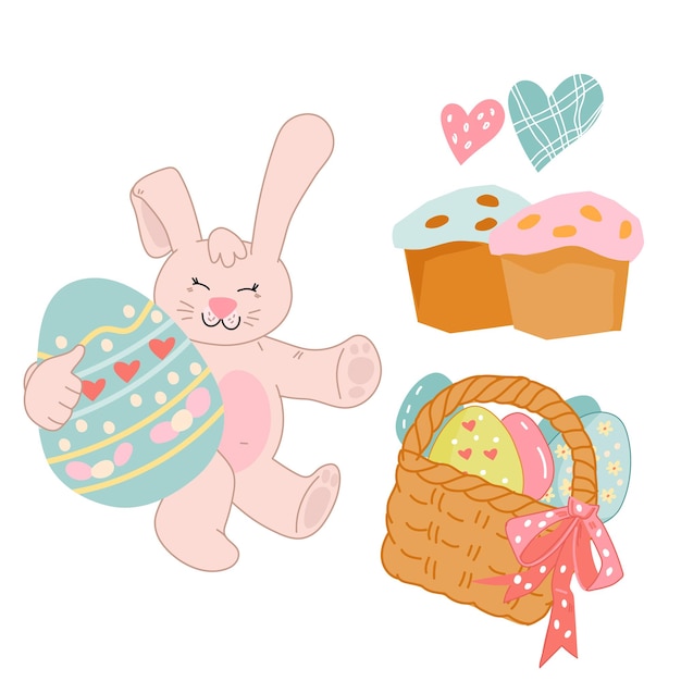 Símbolos de vacaciones de Pascua con pasteles de conejito y huevos en un lindo estilo kawaii