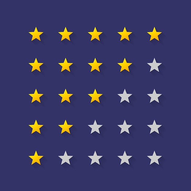 Símbolos vectoriales de calificación de 5 estrellas para sitio web o aplicación. Estrellas en fondo azul oscuro