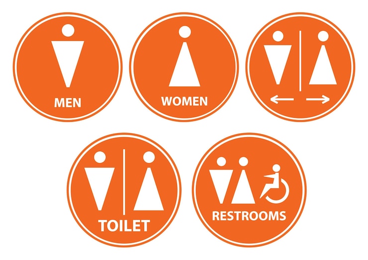 Símbolos vectoriales establecen iconos de baño, baño de niñas y niños círculo naranja