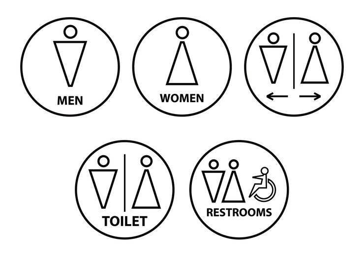Los símbolos vectoriales establecen iconos de baño, baño de niñas y niños círculo negro