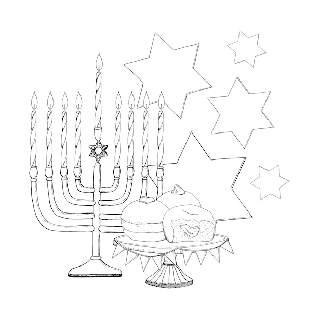 Símbolos vectoriales de Hanukkah con velas de menorá estrellas de David y rosquillas ilustración en blanco y negro