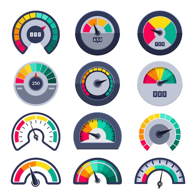 Símbolos de velocímetros. indicar plantillas de medida de índices de medidor de puntuación de nivel