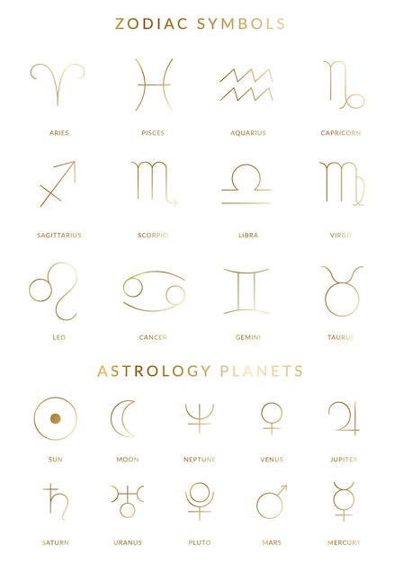 Símbolos del zodíaco y planetas de la astrología en la colección de vectores