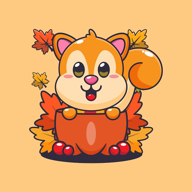 Una simpática ardilla en una calabaza en la temporada de otoño