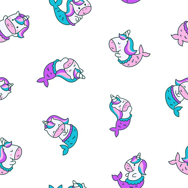 La simpática sirena unicornio de Kawaii tiene un patrón sin costuras.