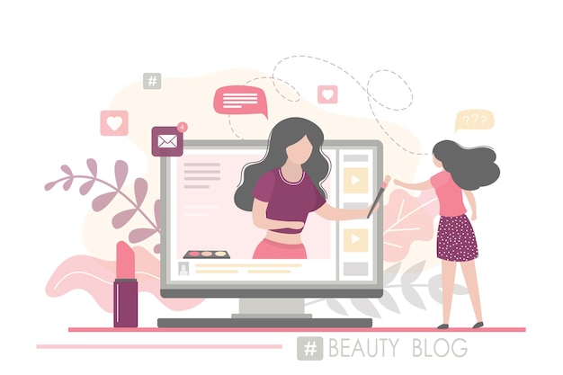 Una simpática suscriptora mira el blog de belleza Una bloguera habla de los últimos cosméticos Nuevo maquillaje