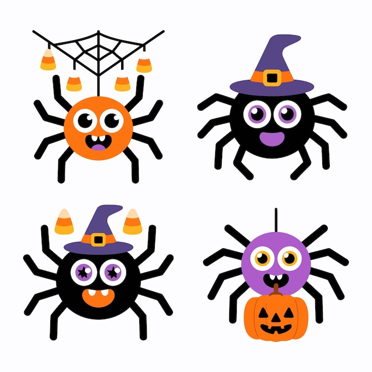 Las simpáticas arañas de Halloween con sombreros de bruja, maíz de caramelo y calabaza.