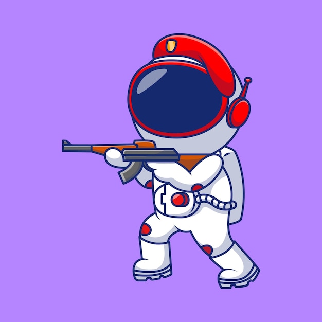 El simpático astronauta del ejército apuntando a un rifle iconos vectoriales de dibujos animados ilustración concepto de dibuyos animados planos