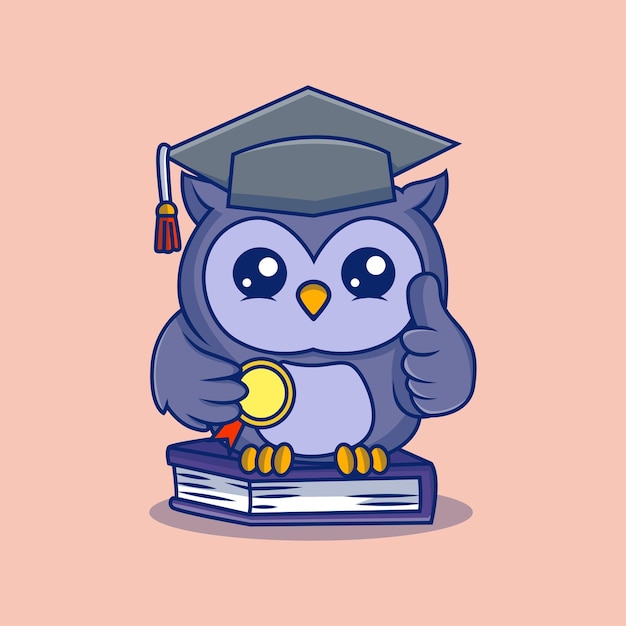 Un simpático búho sosteniendo una medalla Ilustración de dibujos animados Estudiar el concepto de icono Estilo de dibuios animados plano
