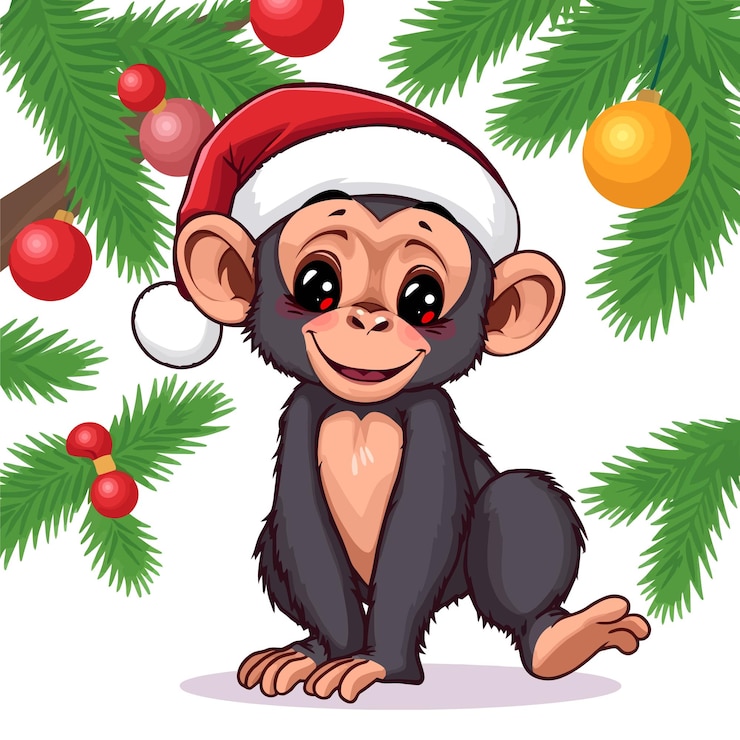 Vector un simpático chimpancé con una gorra navideña diseño de clipart de la ilustración del icono vectorial