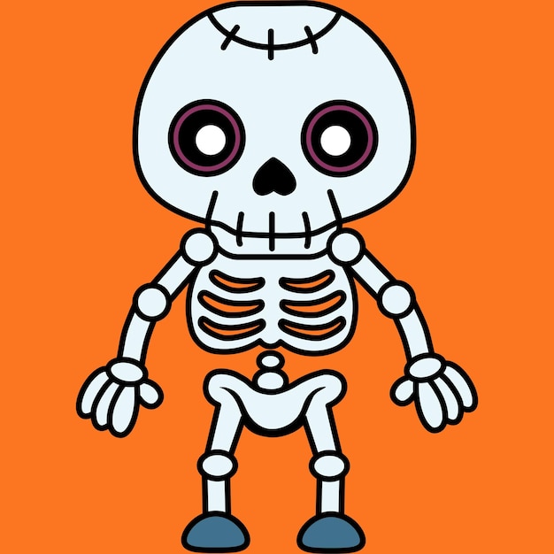 El simpático esqueleto se encuentra sobre un fondo naranja El personaje de dibujos animados Vector