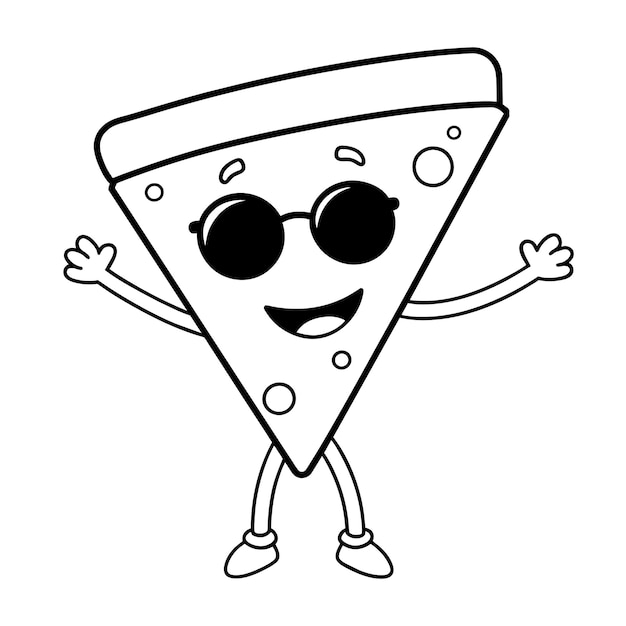 simpático y feliz personaje de dibujos animados para niños rebanada de pizza con gafas de sol contorno de dibujo vectorial