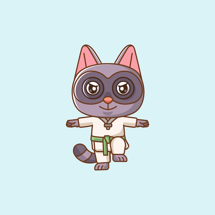 Vector el simpático mapache entrenamiento de karate arte marcial kawaii personaje chibi mascota animal ilustración deportiva