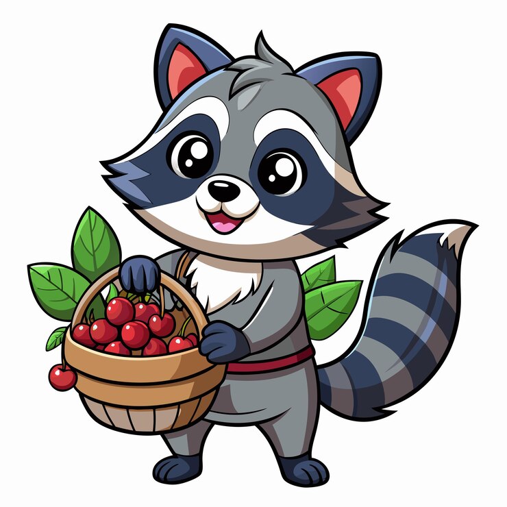 Vector el simpático mapaches con una canasta de bayas vector de dibujos animados
