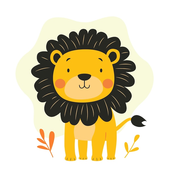 El simpático personaje de dibujos animados del león, el rey de la selva con una expresión de sonrisa feliz.