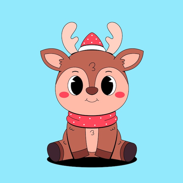 Un simpático reno de dibujos animados con un sombrero y una bufanda de Papá Noel