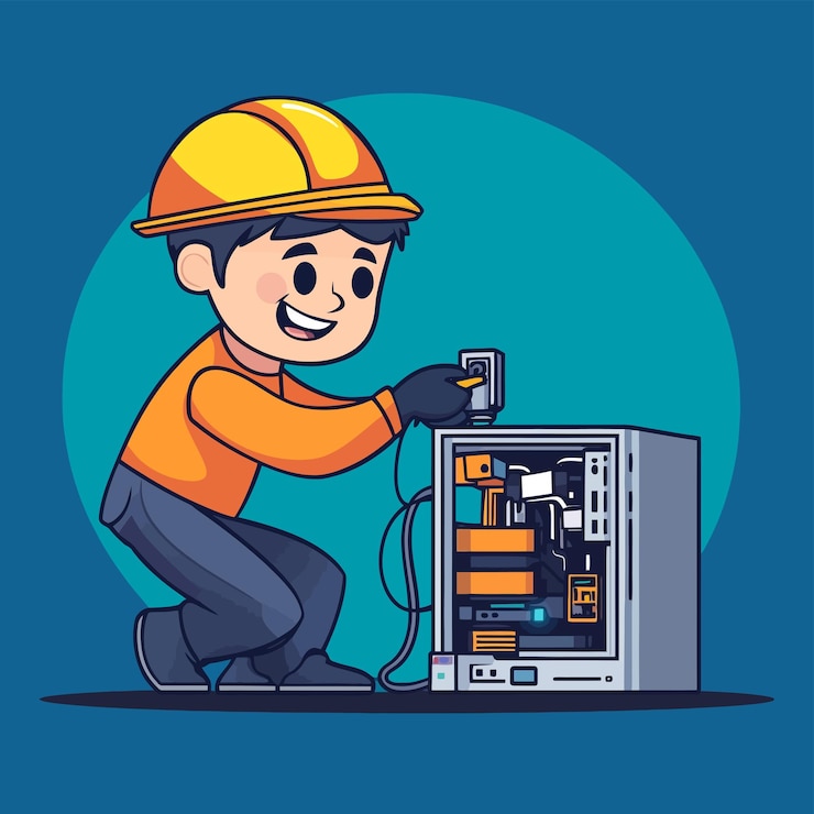 Vector el simpático técnico de servicio reemplazando componentes vector de dibujos animados