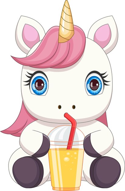 el simpático unicornio de dibujos animados bebiendo jugo de naranja