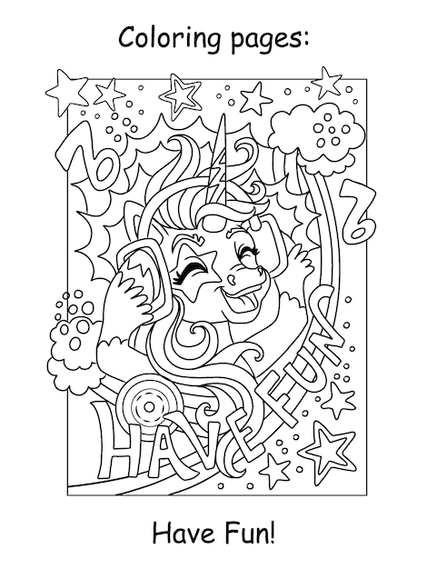 El simpático unicornio musical con auriculares para niños ilustraciones vectoriales para colorear