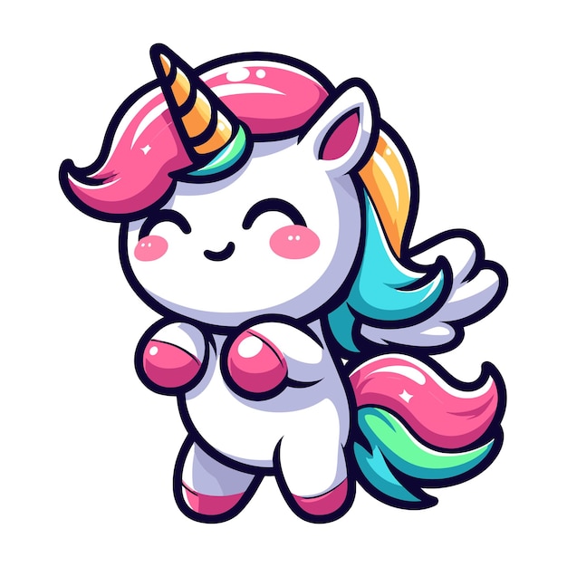 El simpático unicornio, el personaje de dibujos animados, la ilustración vectorial, el feliz, adorable y mágico unicornio.