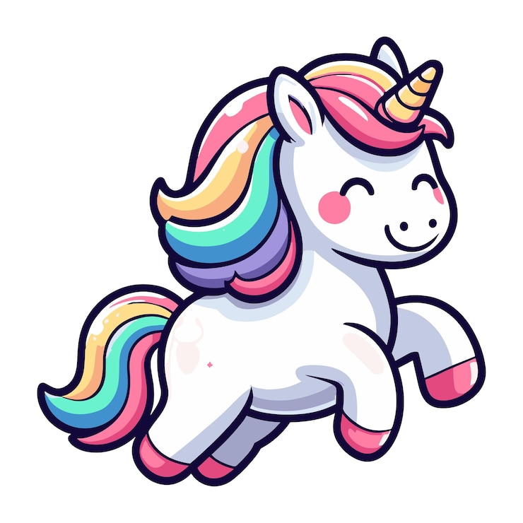Vector el simpático unicornio, el personaje de dibujos animados, la ilustración vectorial, el feliz, adorable y mágico unicornio.