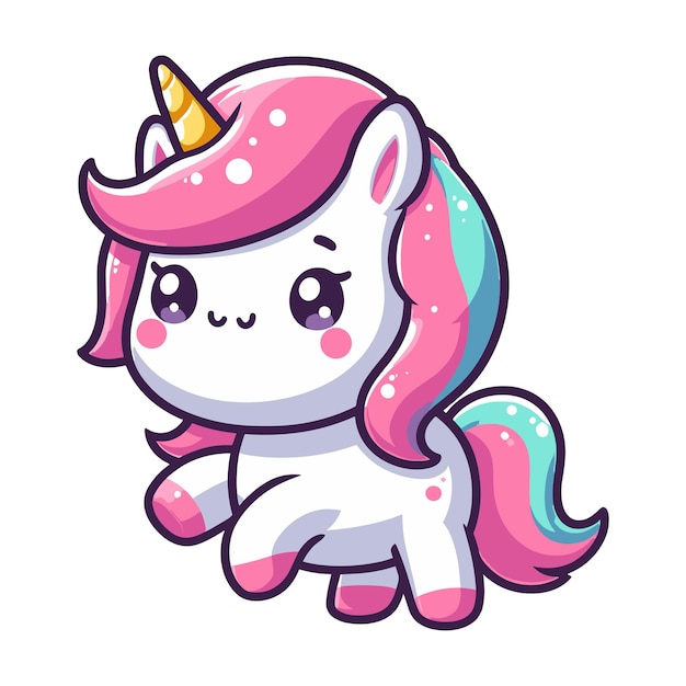 El simpático unicornio, el personaje de dibujos animados, la ilustración vectorial, el feliz, adorable y mágico unicornio.