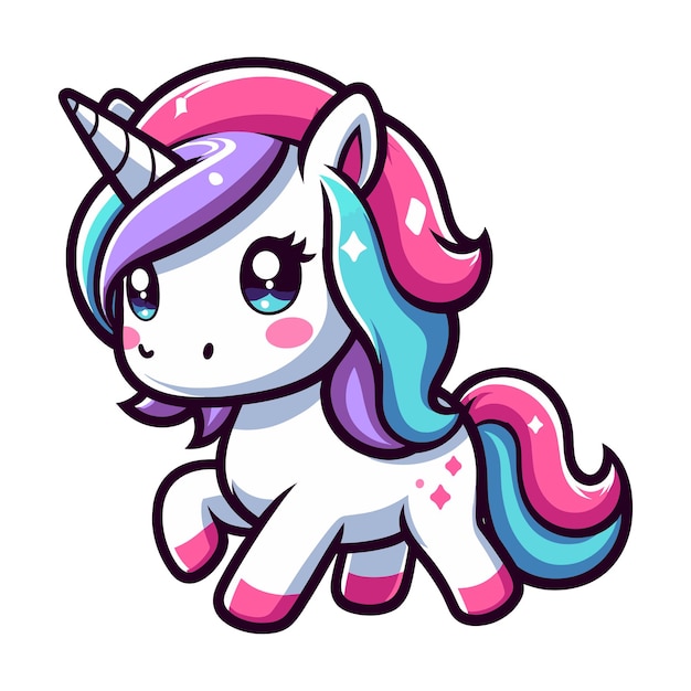 El simpático unicornio, el personaje de dibujos animados, la ilustración vectorial, el feliz, adorable y mágico unicornio.