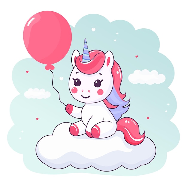 El simpático unicornio sentado en una nube con una ilustración vectorial plana de globo