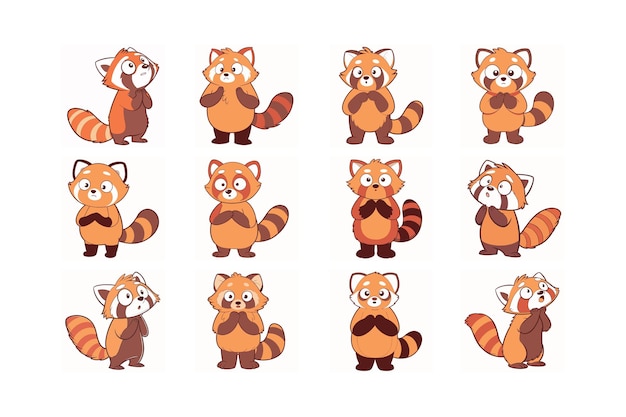 Los simpáticos personajes de dibujos animados del panda rojo en varias emociones