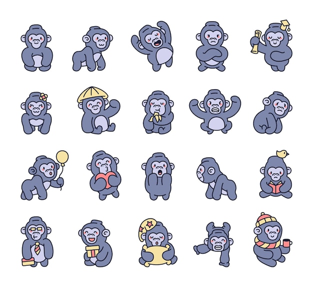 Los simpáticos personajes de monos gorila kawaii