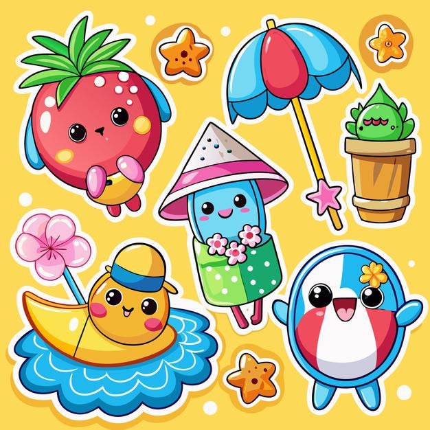 Los simpáticos personajes de la playa de frutas de verano