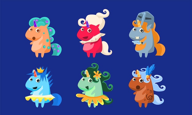 Los simpáticos unicornios establecen personajes de animales fantásticos en diferentes trajes ilustración vectorial